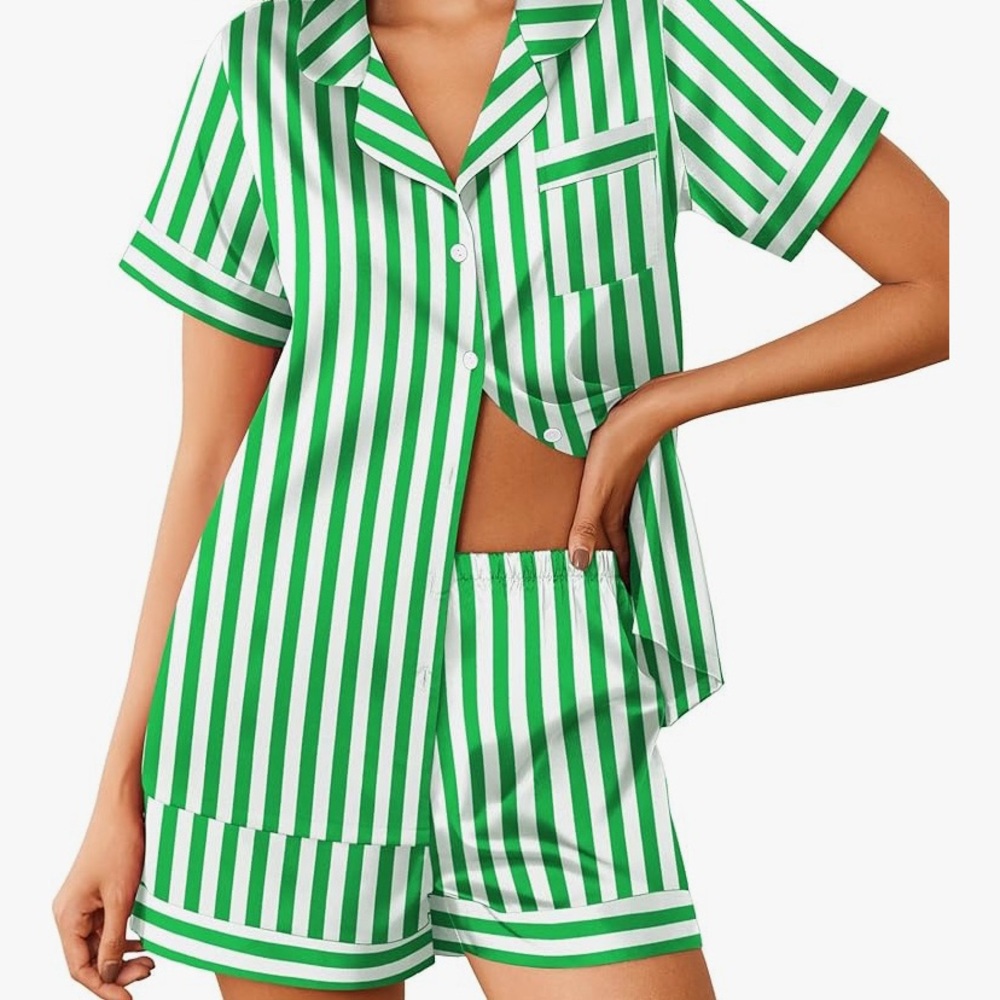 Green and white striped pj set
